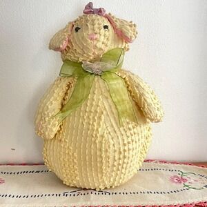 Vintage Yellow Chenille Cotton Bunny Plush Puppy Dog Ribbon Bow Spring Easter